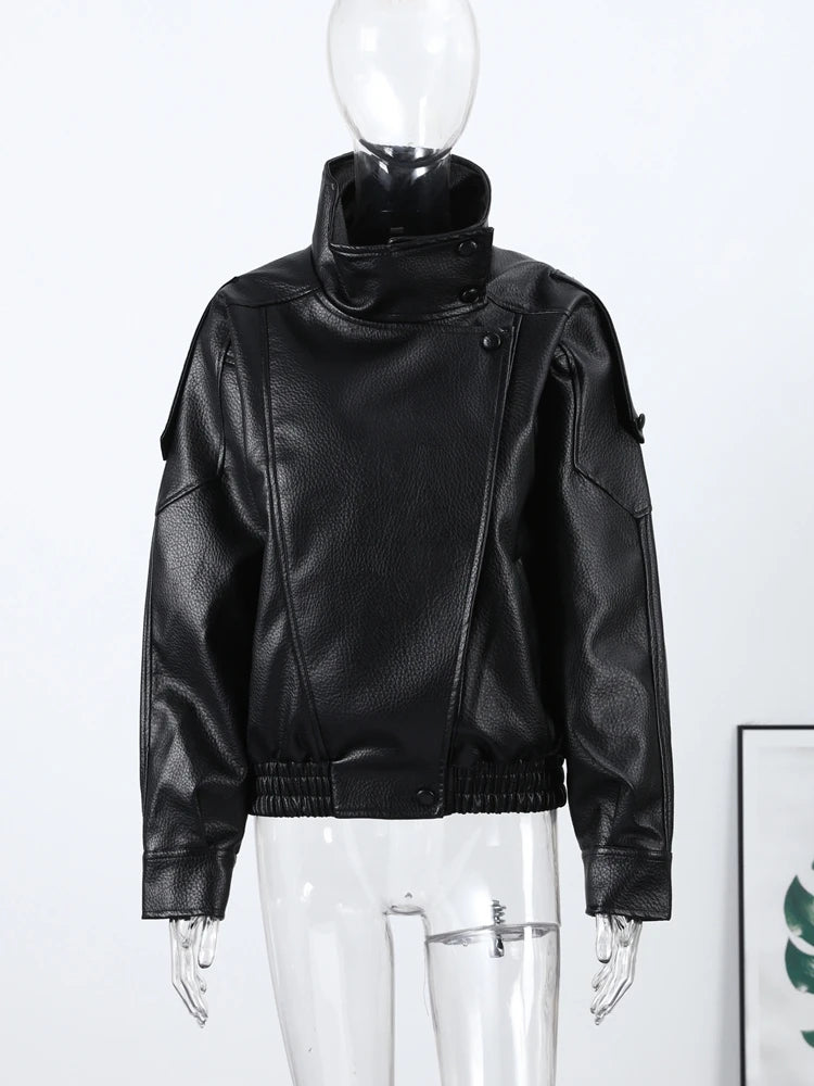 Women Bomber Jacket Leather Coat Retro Coat Stand-Collar Top Textured Clothes Lversized Biker Coat Casual Streetwear Outerwear