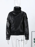 Women Bomber Jacket Leather Coat Retro Coat Stand-Collar Top Textured Clothes Lversized Biker Coat Casual Streetwear Outerwear