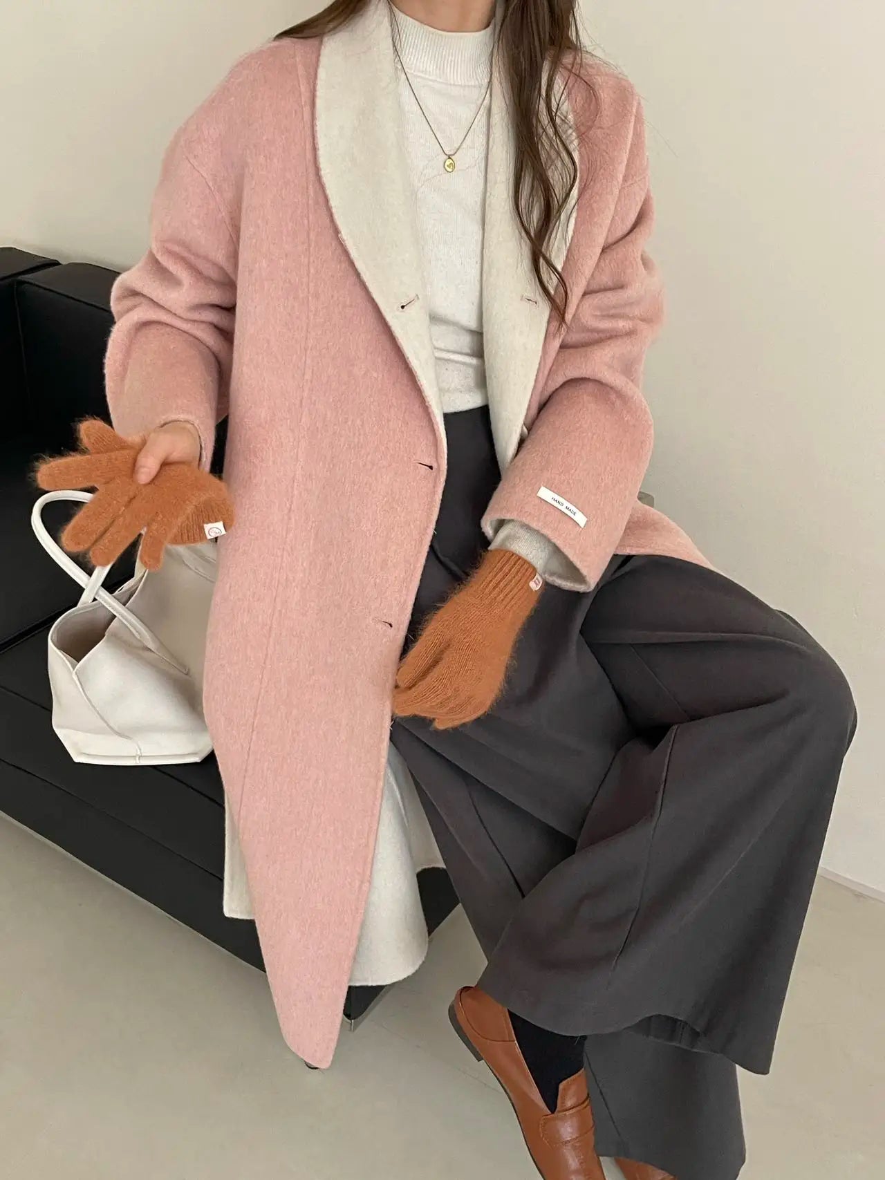 Women Autumn Gentle Elegant Temperament All-match Leisure Solid Long Korean Style Loose Temperament Loose Woolen Coat Female