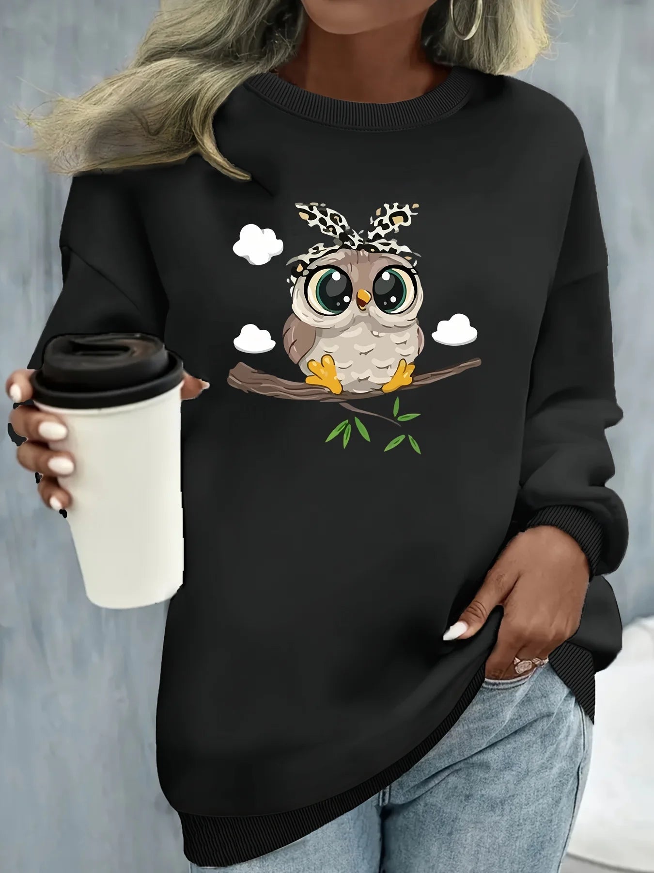Women's autumn and winter casual loose and comfortable warm cat pattern printed round neck long sleeved pullover