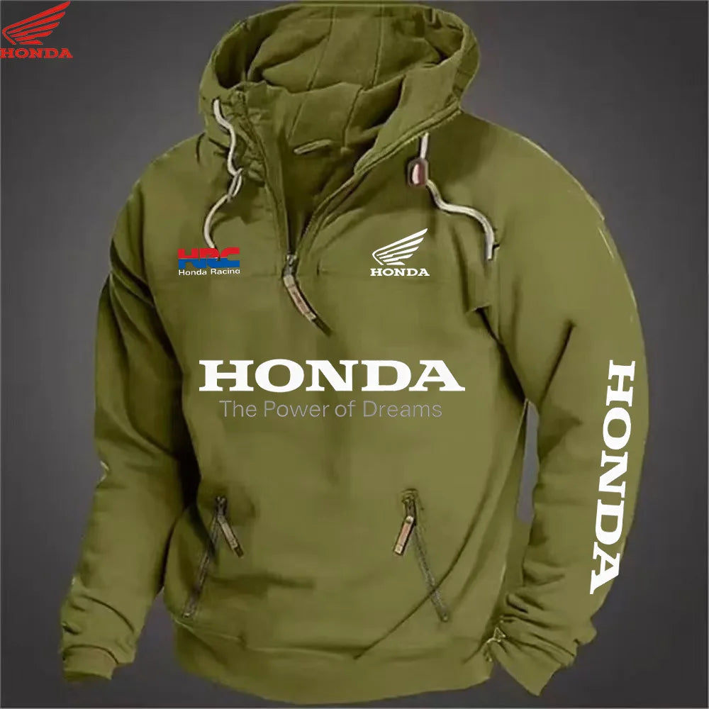 Men's Honda Motorcycle Hoodie with European Sporty Style Zipper Sleeve Pocket Loose Casual Sweater with Shoulders Hoodie