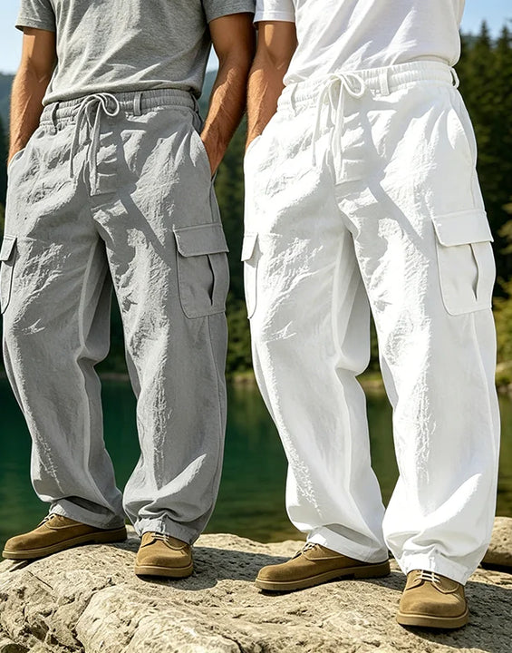 Summer Men'S Cotton And Linen Pants Multiple Pockets Breathable Loose Drawstring Straight Leg Pants Sports And Casual Pants