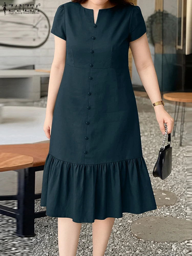 Stylish Summer Dress 2025 ZANZEA Women Elegant V-Neck Midi Dresses Office Work Sundress Short Sleeve Solid Buttons Vestidos Robe