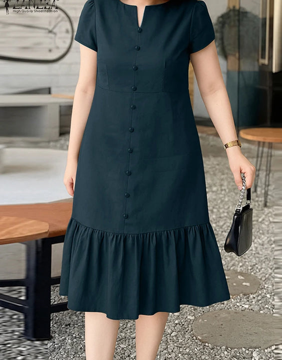 Stylish Summer Dress 2025 ZANZEA Women Elegant V-Neck Midi Dresses Office Work Sundress Short Sleeve Solid Buttons Vestidos Robe