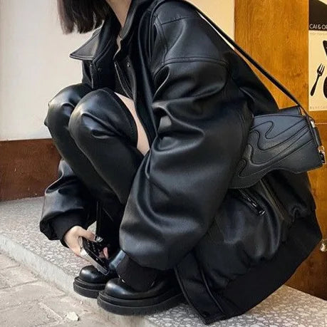 Black Leather Jacket Women's American Retro Style Motorcycle Jacket Student Slimming Trendy Outerwear Spring Autumn