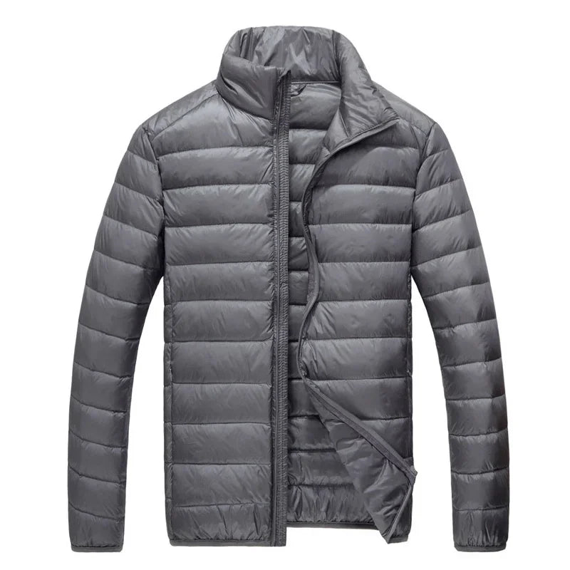 Schinteon Men Ultralight White Duck Down Jacket Thin Stand Collar Solid Color Simple Autumn Outwear