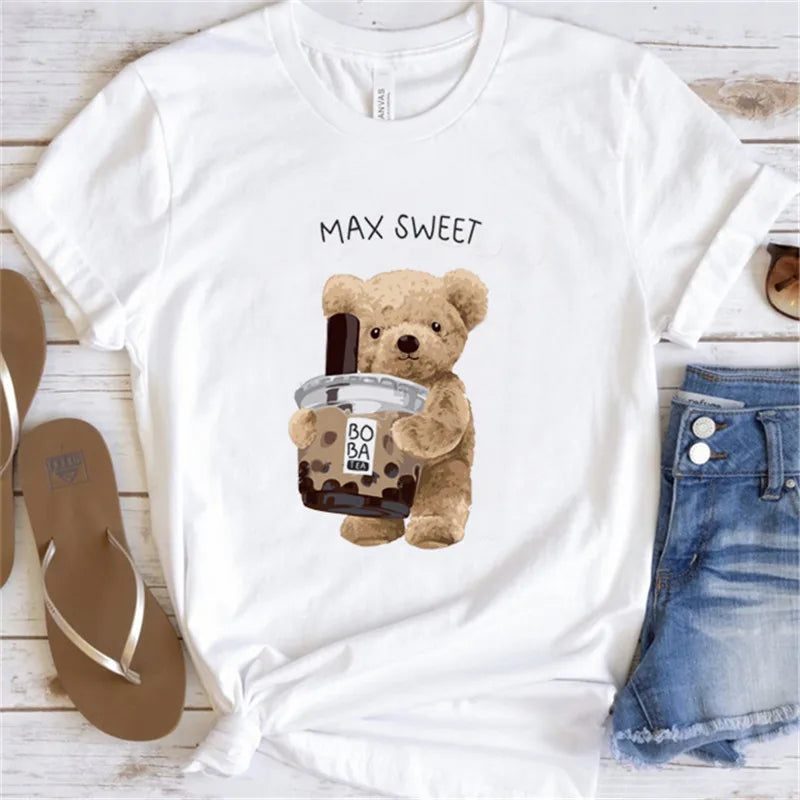 Fashion Graphic T-shirt Women Cute Bear Short-sleeved Clothes Women Print T-shirt Summer 90's Fashion Style Women T-shirt