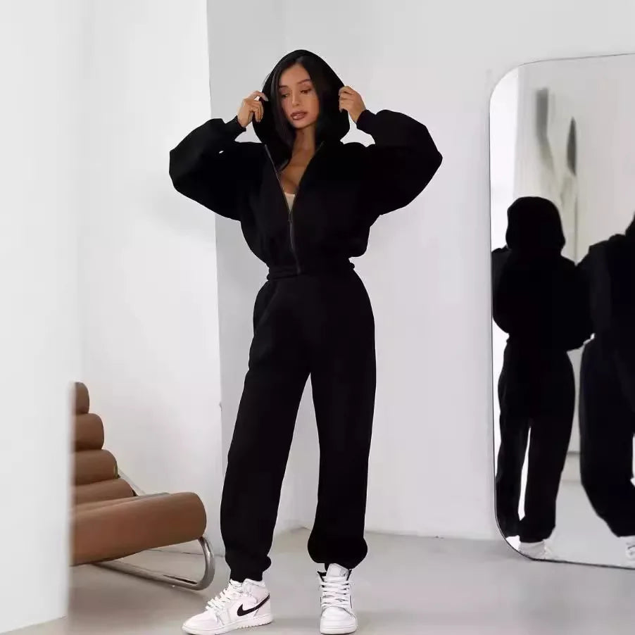 Pant Sets Two Pieces Hooded Solid Hoodies Matching Sets Zipper Sweatshirts Long Sleeve Loose Drawstring Pencil Pants Casual