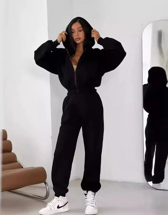 Pant Sets Two Pieces Hooded Solid Hoodies Matching Sets Zipper Sweatshirts Long Sleeve Loose Drawstring Pencil Pants Casual