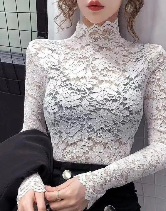 Lace Base Layer Shirt Women's Spring Autumn Winter Fashionable Inner Wear Half High Collar Elastic Top Hollow out Nylon Small...