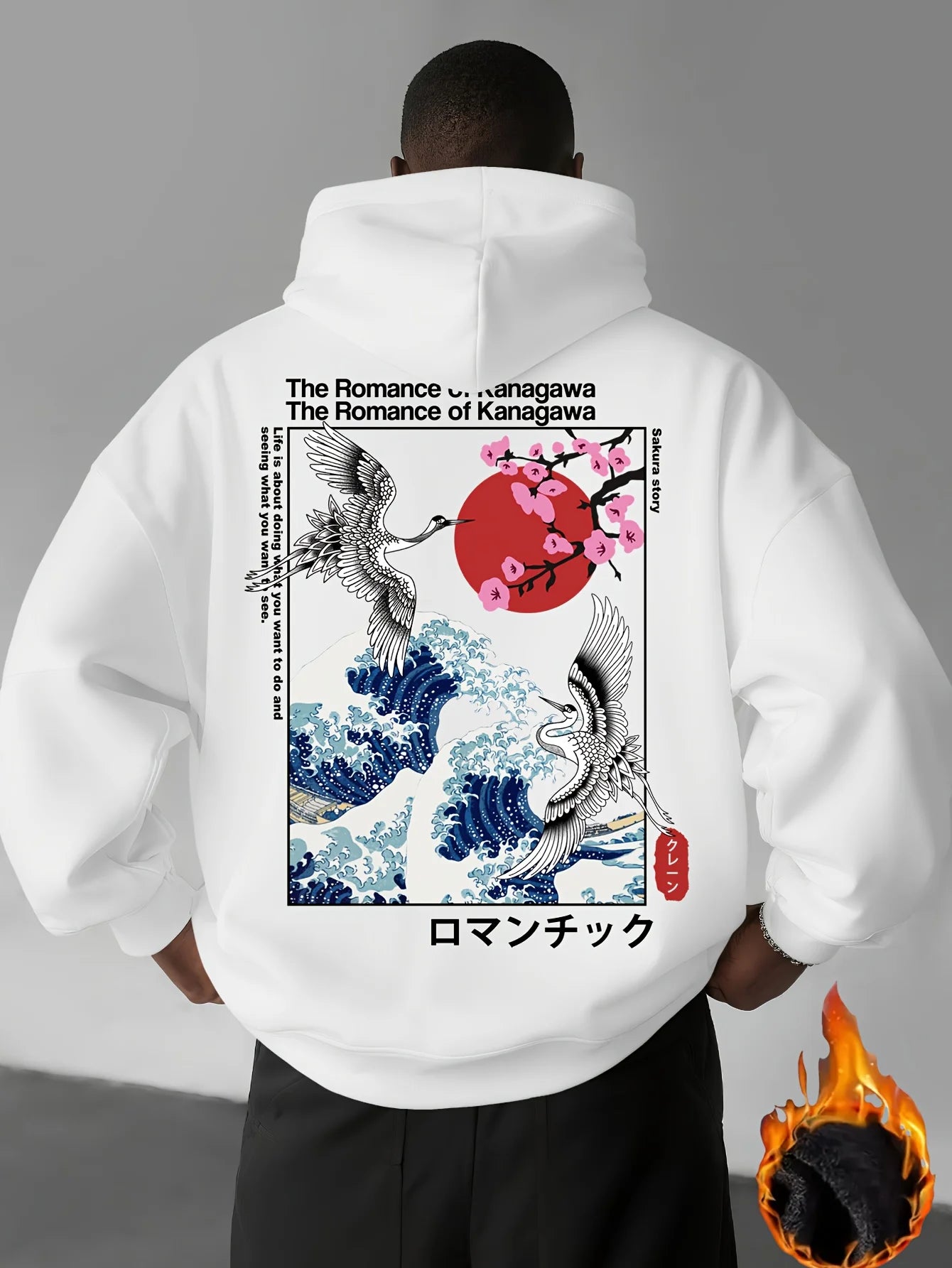 Japan Ukiyoe Sakura&Big Wave Kanagawa Print Men Women Hooded Sweatshirt Autumn Winter Daily Fitness Casual Loose Warm Sportswear