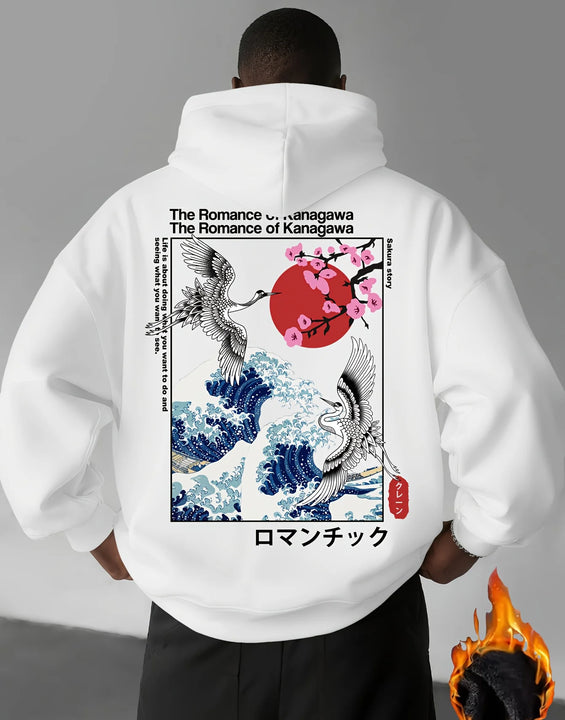 Japan Ukiyoe Sakura&Big Wave Kanagawa Print Men Women Hooded Sweatshirt Autumn Winter Daily Fitness Casual Loose Warm Sportswear