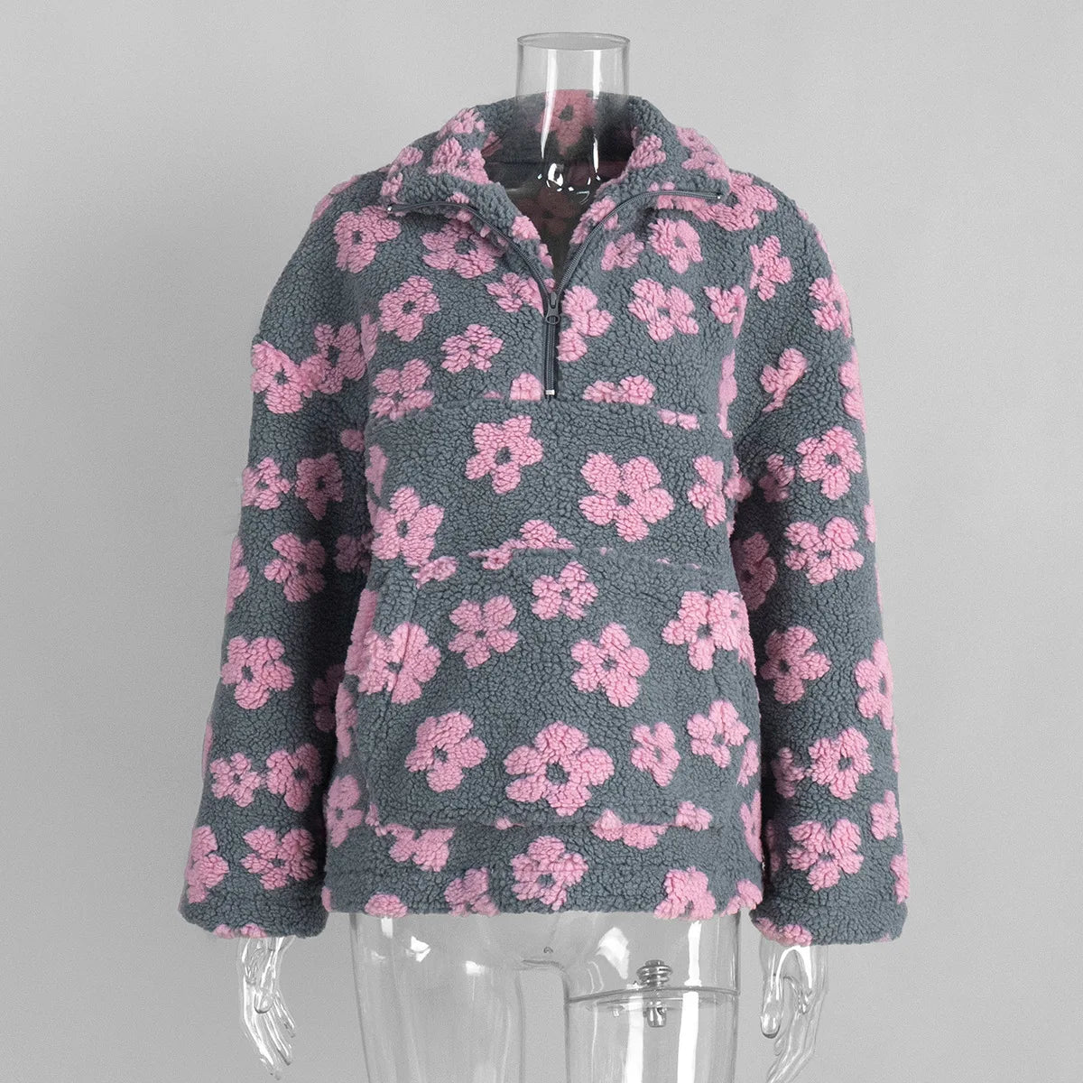 KADUWAKI Retro Christmas Women's Fashion Polar Fleece Flower Blossoms Sweaters Cotton Loose Warm Fur Stand Up Collar Zipper Tops