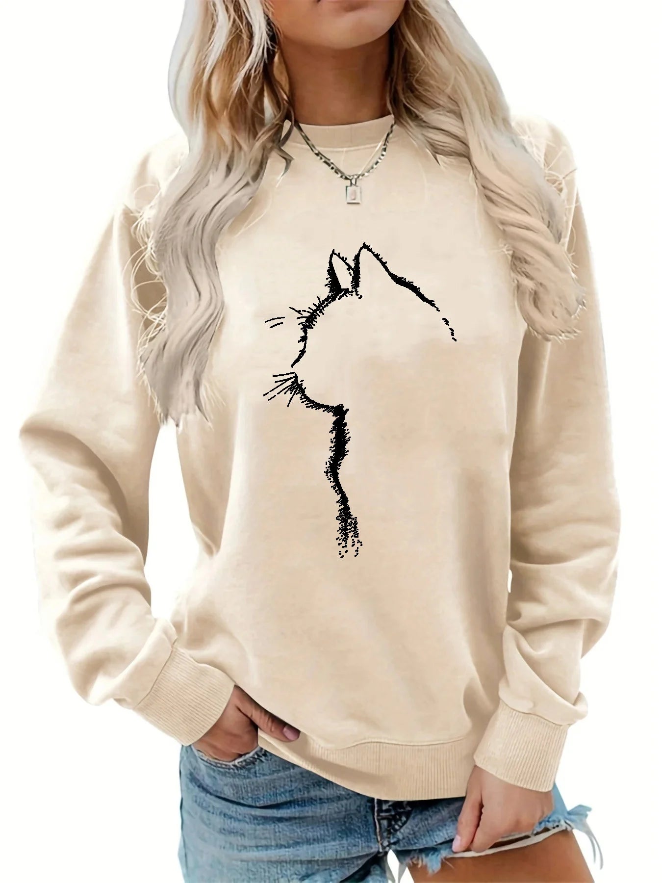 Women's autumn and winter casual loose and comfortable warm cat pattern printed round neck long sleeved pullover