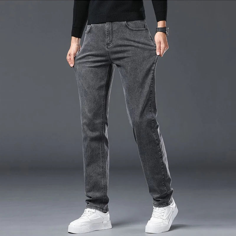Spring New Men's Slim Fit Elastic Jeans Fashion Gray Comfortable Casual Denim Pants Korean Business Work Straight Black Trousers