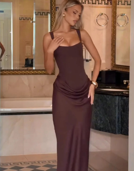 Women Brown Square-neck Pleated Sling Maxi Dress Sexy Sleeveless Off-shoulder Waist Cinching Slim Dresses Evening Party Gown