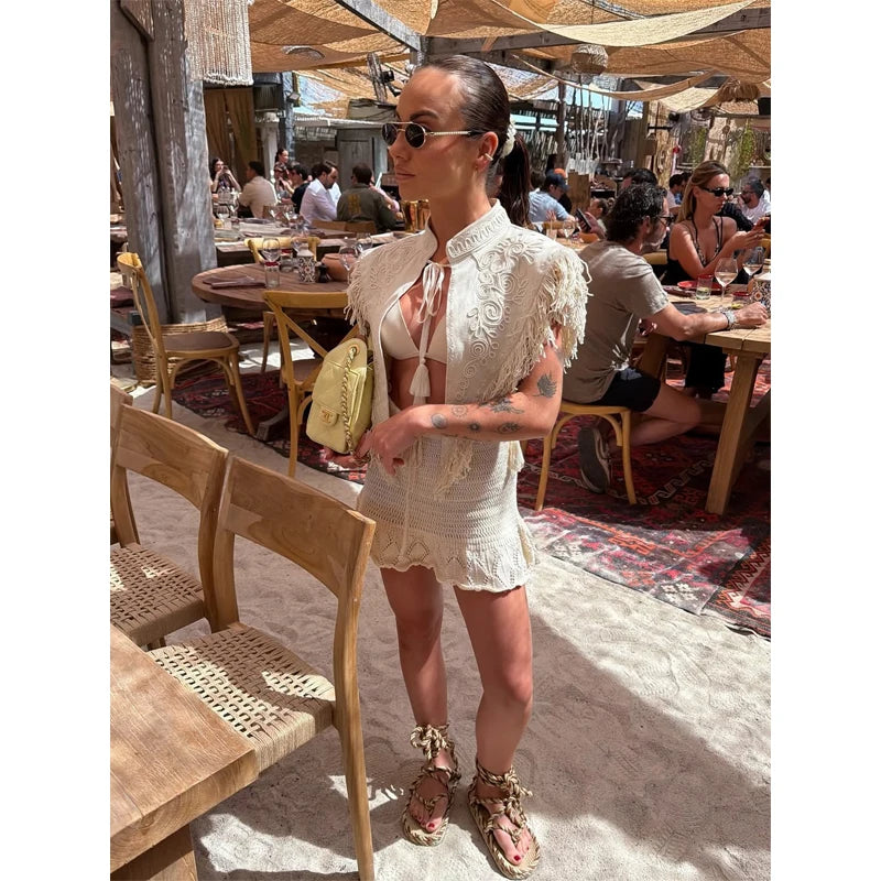 Chic Embroidery Tassel Shawl Women Casual Solid Stand Neck Sleeveless Irregular Short Top 2026 Female Vacation Daily Clothes New
