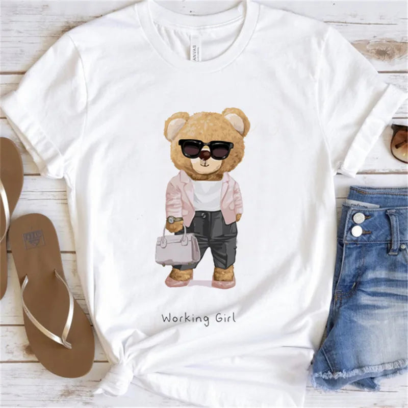 Fashion Graphic T-shirt Women Cute Bear Short-sleeved Clothes Women Print T-shirt Summer 90's Fashion Style Women T-shirt