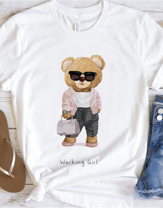Fashion Graphic T-shirt Women Cute Bear Short-sleeved Clothes Women Print T-shirt Summer 90's Fashion Style Women T-shirt