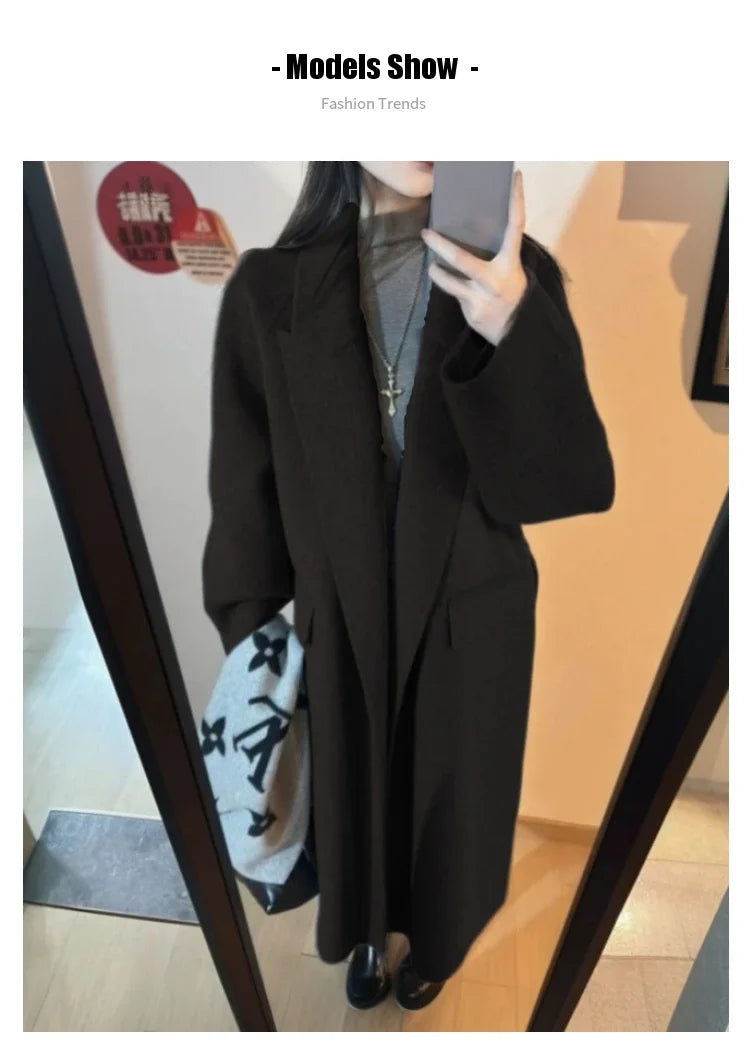 High-end Gray Women Thick Double-sided Wool Cashmere Coat New Loose Lapel Long Sleeve Woolen Coats Female Overcoat Winter