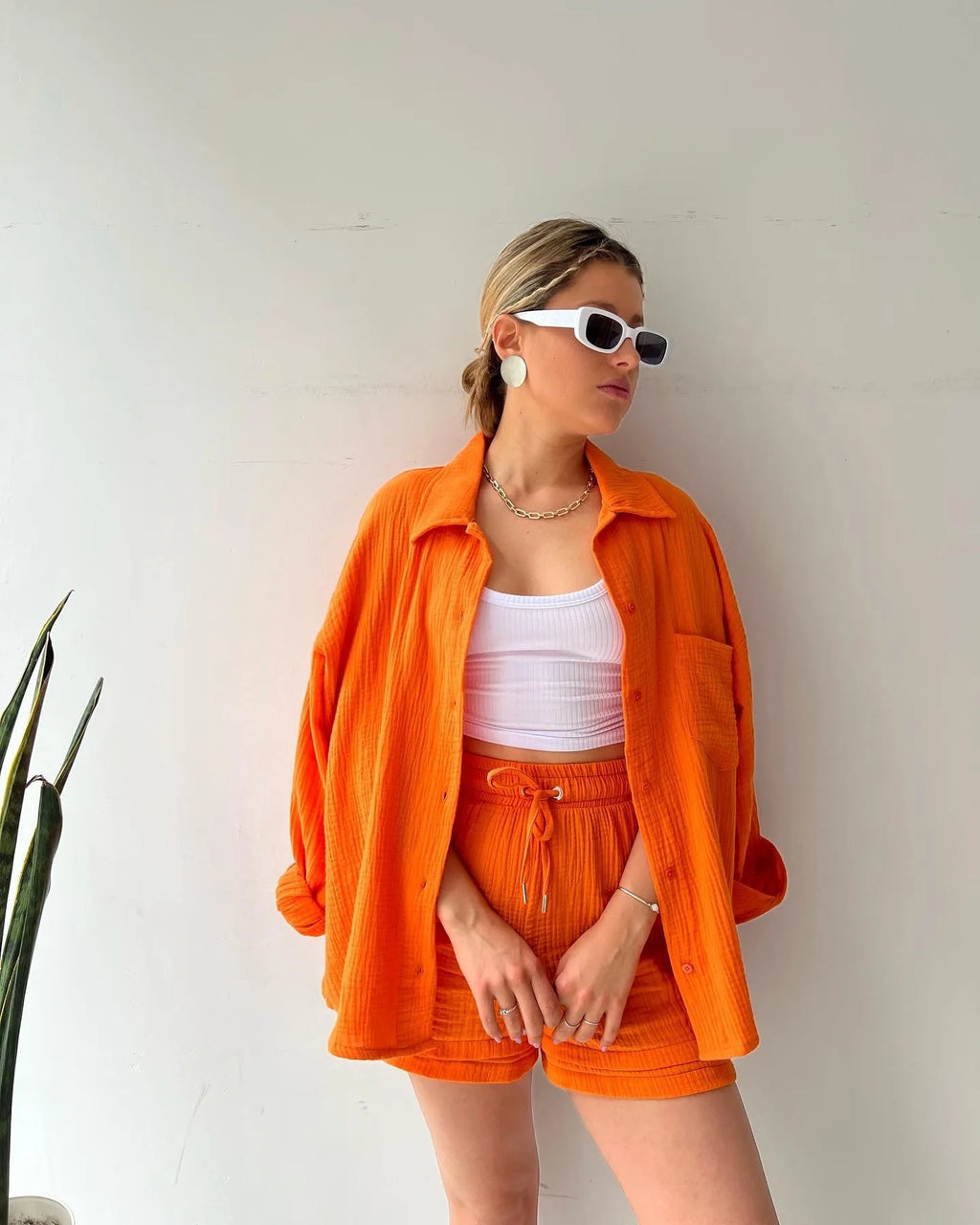 Women's Summer Shorts Set White Long Shirt High Waisted Pants Sets Casual Outfit Streetwear Suits For Women Female Clothing 2025