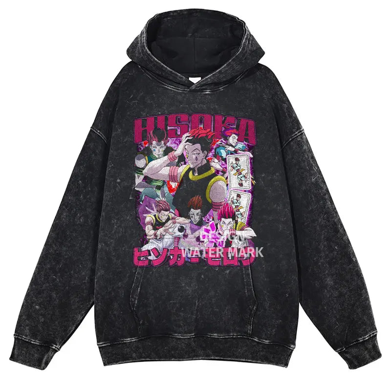 Killua Zoldyck Hoodies Vintage Washed Anime Hunter Hooded Sweatshirts Oversized Streetwear Manga Gon Kurapika Hoodie