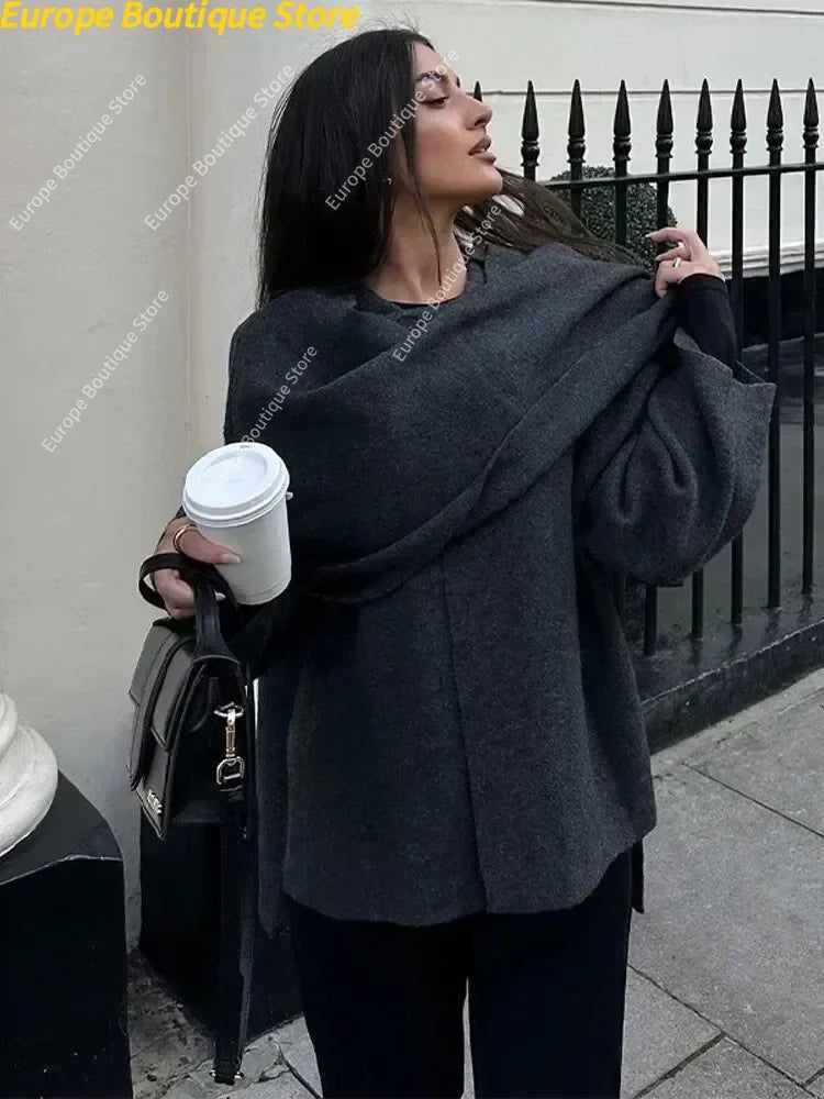 Autumn Short Gray Knitted Cloak Jacket Ladies with Scarf Women Fashion Long Sleeve Loose Cardigan Female Winter Elegant Chic New