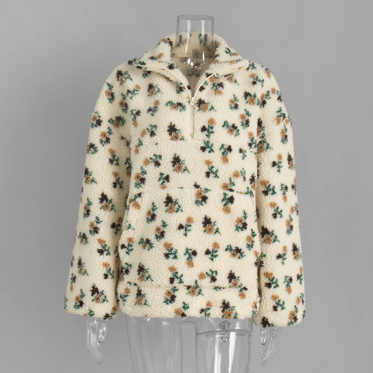KADUWAKI Retro Christmas Women's Fashion Polar Fleece Flower Blossoms Sweaters Cotton Loose Warm Fur Stand Up Collar Zipper Tops