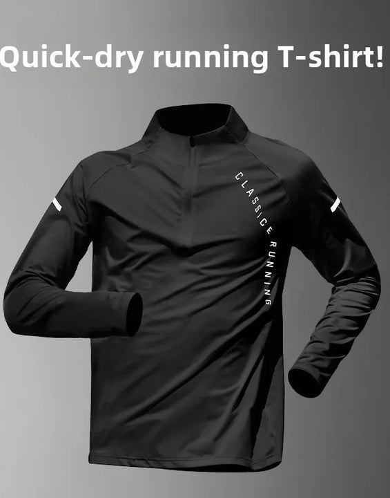 Quick Dry Long Sleeve Men's T-shirt Outdoor Casual Sports  Shirt Fitness Wear Half Zip up Breathable Polyester Fiber