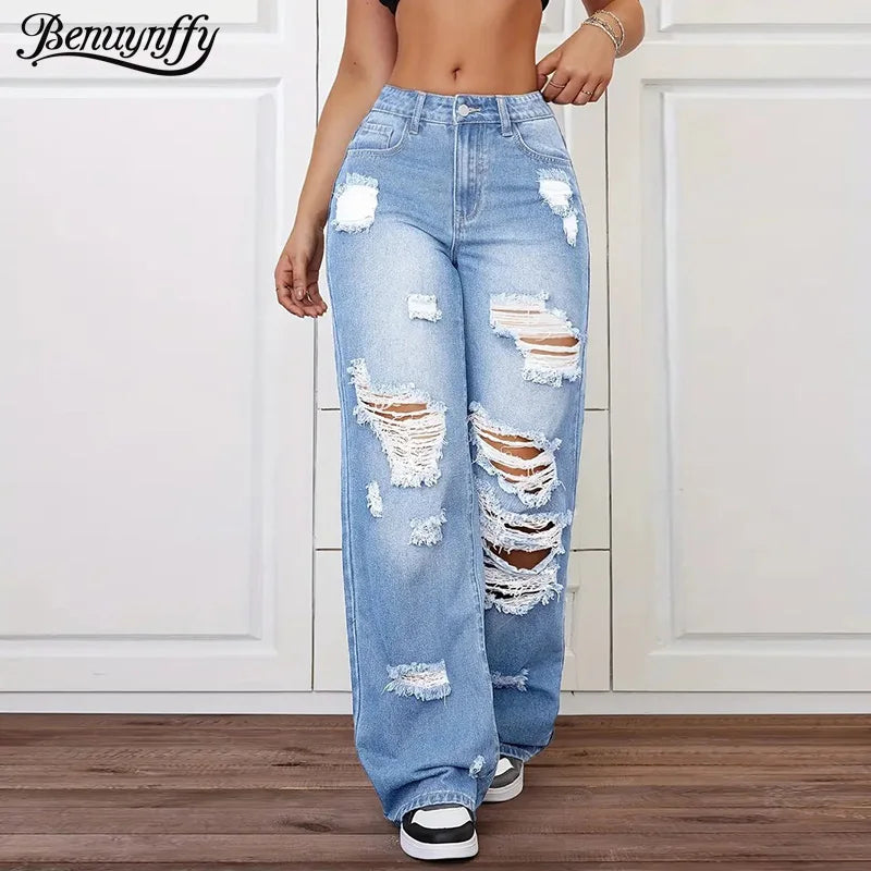 Benuynffy High Waisted Baggy Ripped Jeans Women's Streetwear Bf Style Washed All Match Straight Leg Denim Trousers Woman New