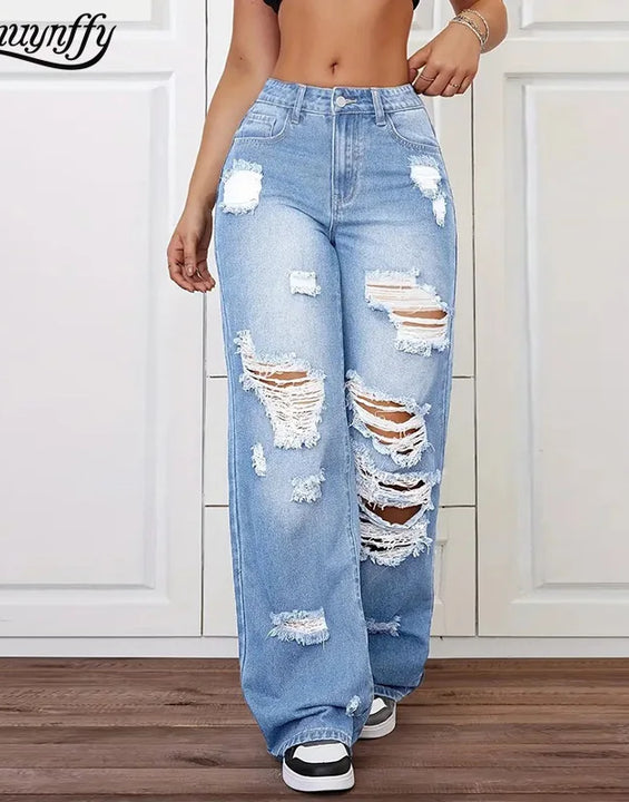 Benuynffy High Waisted Baggy Ripped Jeans Women's Streetwear Bf Style Washed All Match Straight Leg Denim Trousers Woman New
