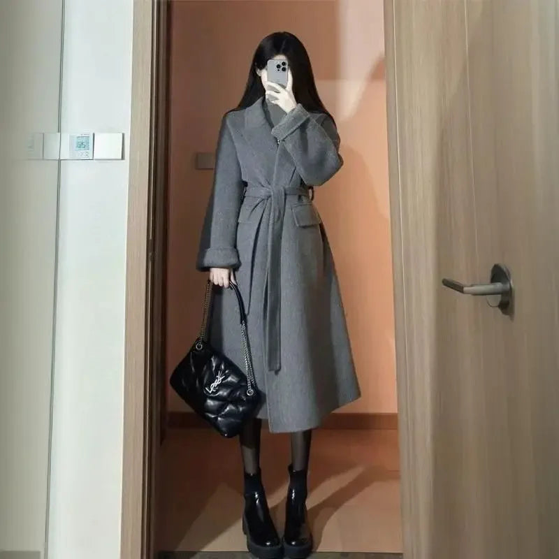 High-end Gray Women Thick Double-sided Wool Cashmere Coat New Loose Lapel Long Sleeve Woolen Coats Female Overcoat Winter