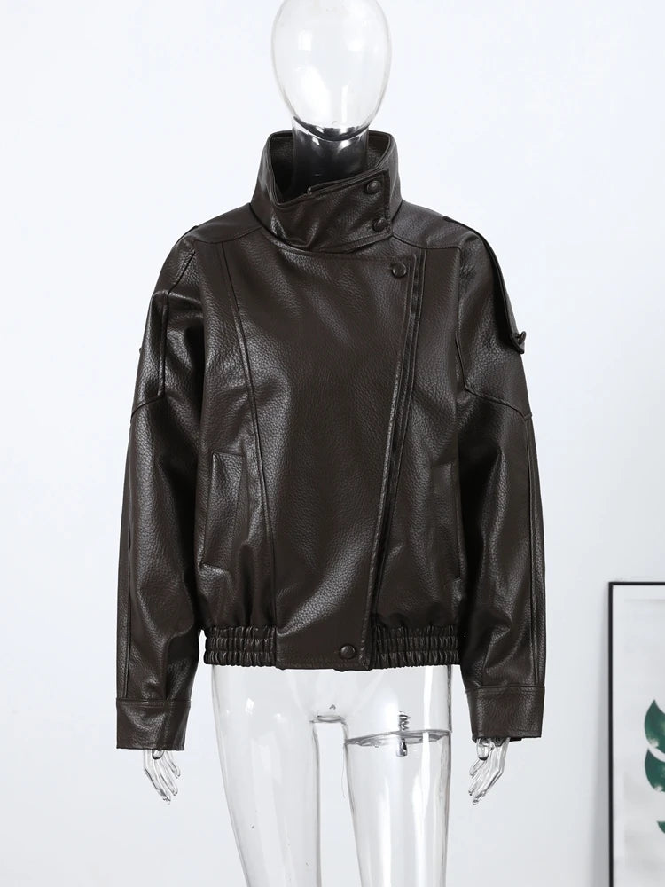 Women Bomber Jacket Leather Coat Retro Coat Stand-Collar Top Textured Clothes Lversized Biker Coat Casual Streetwear Outerwear