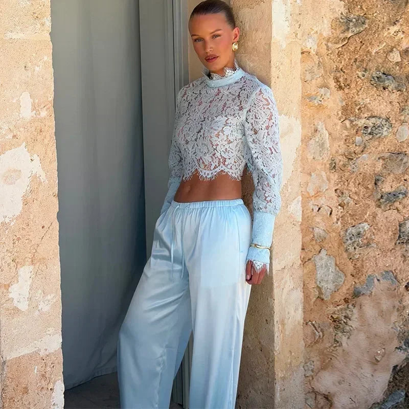 Lace Top Pants 2 Piece Set Women Chic Solid Half High Collar Cropped Back Split Long Pant Suit 2026 Lady Daily Street Outfit New