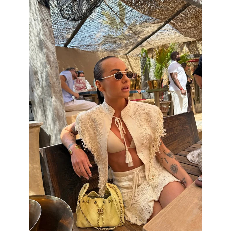 Chic Embroidery Tassel Shawl Women Casual Solid Stand Neck Sleeveless Irregular Short Top 2026 Female Vacation Daily Clothes New