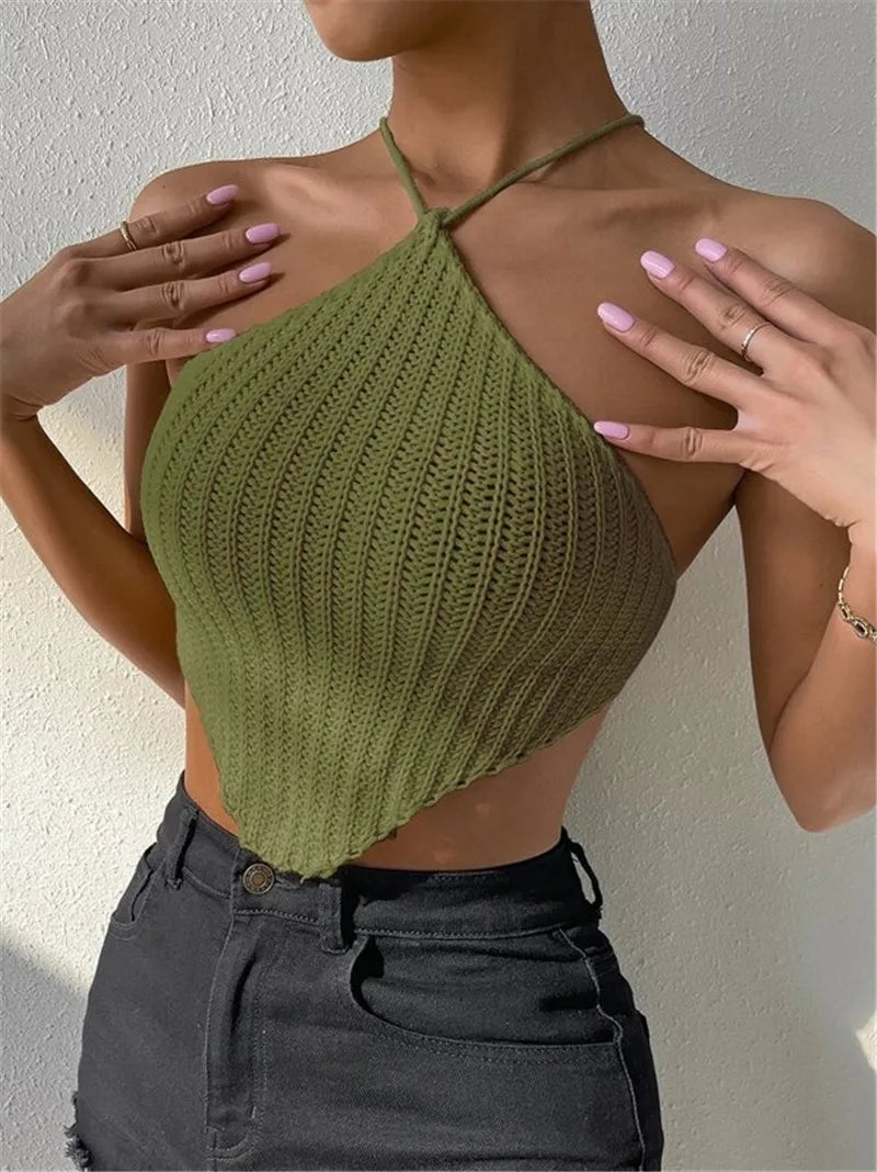 Tie-up neck knitted vest design sweater chest wrap top