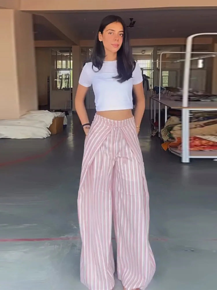 Pants Leg Stripe Women Trousers Adjustable Waist Wrap Loose Summer Floor Length Boho Palazzo Trousers Women Outfit For Women